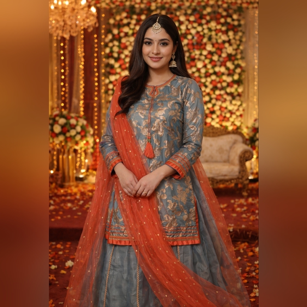 Stunning Gray and Pink Formal Lehenga choli and dupatta